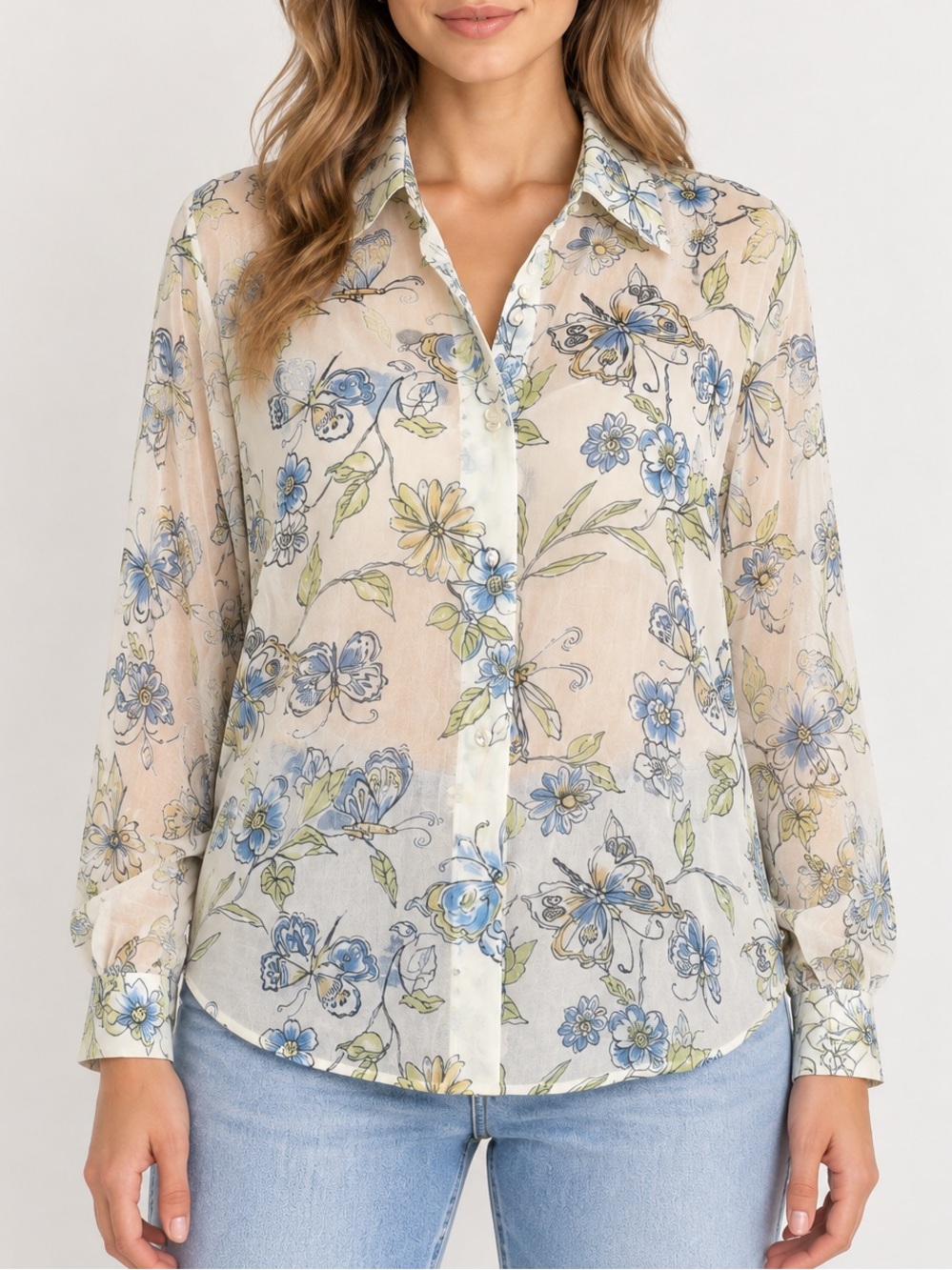 Vintage Jordan Blouse M Sheer Butterfly Floral Button Down Cottagecore Y2K